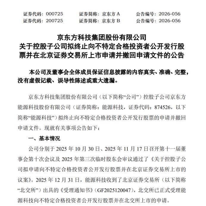 年内第18家撤单!京东方子公司终止北交所IPO申请